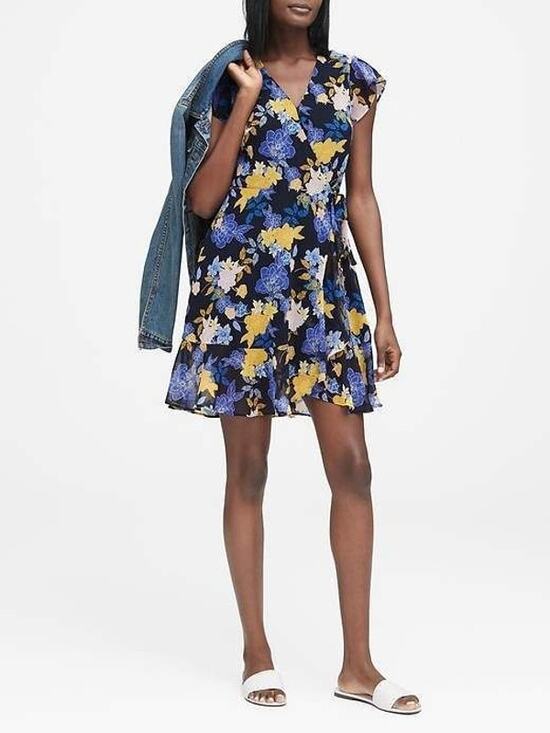 Banana Republic Dresses & Skirts - Banana Republic Women's Floral Chiffon Ruffle Wrap Dress Blue Multicolor Size 12